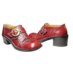 Vintage 70s Etienne Aigner Chunky Loafers Red Leather Gold Buckle Retro Mod 7